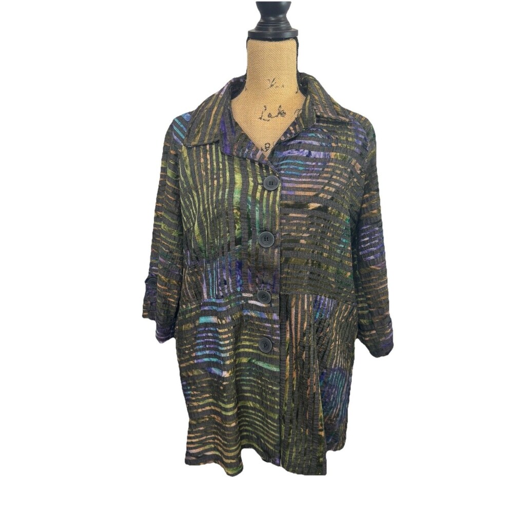 Boho Chic Multicolor Button-Up Jacket Size Large Zip Pleats Artsy